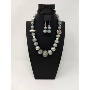 Handcrafted Aquamarine & Sterling Silver Shell Beads Necklace & Earring Set